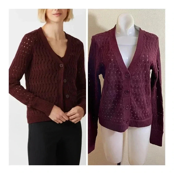 Ecru Style Size M Burgundy Fancy Stitch V Neck Cardigan Sweater Open Weave NEW - Picture 1 of 11